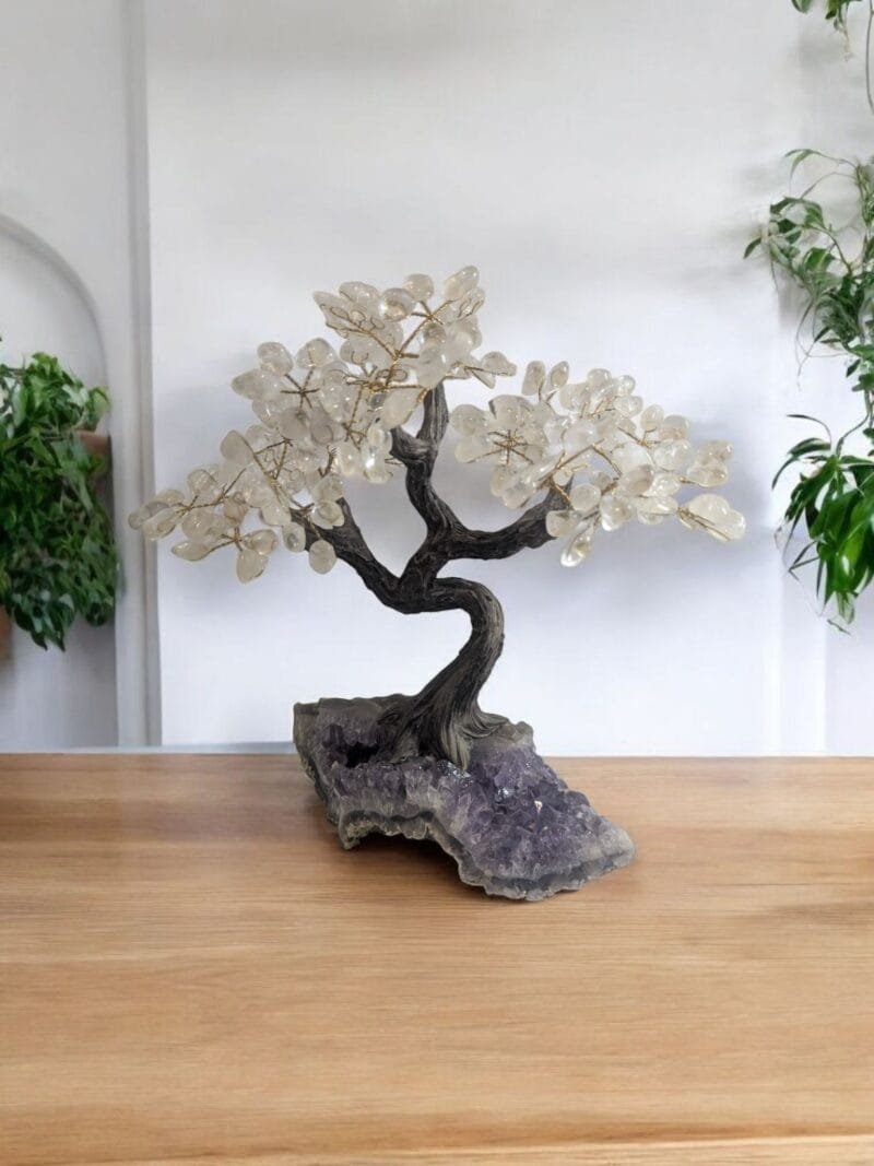 clear quartz on amethyst base